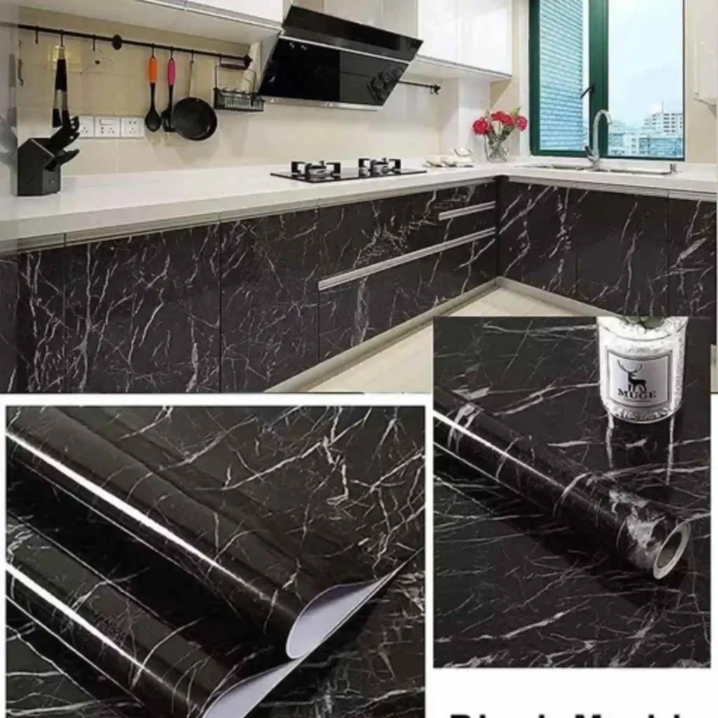 بديل الرخام Marble رول ديكور ذاتي اللصق مقاوم للماء والرطوبة بتصميم رخام أبيض وأسود فاخر.