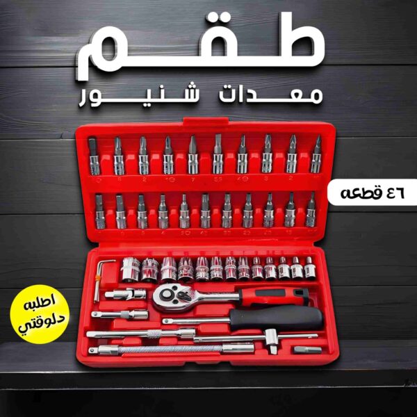 طقم لقم مفتاح راتش 46 قطعة من فولاذ Chrome Vanadium مع حقيبة تخزين، مناسب لصيانة السيارات والأعمال المنزلية والورش.